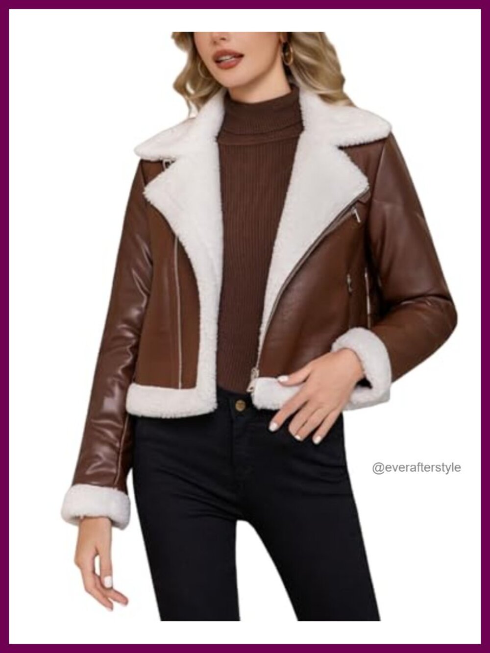 Faux Leather Cropped Shearing Jacket Faux Fur Lined Zip Moto